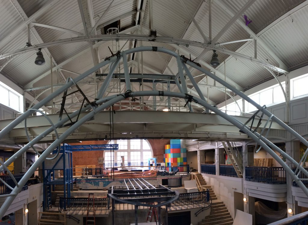The SkyClimber climbing structure being constructed in Port Discovery Children's Museum.