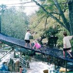 A rope and net bridge with children and their parents.