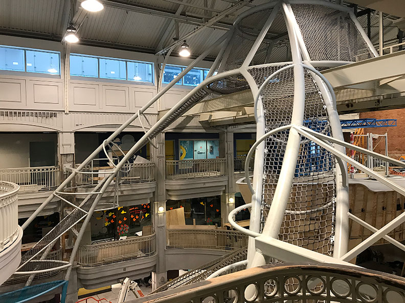The climbing structure during construction at Port Discovery Children's Museum.