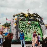 Giant spider and spider web in an amusement park.